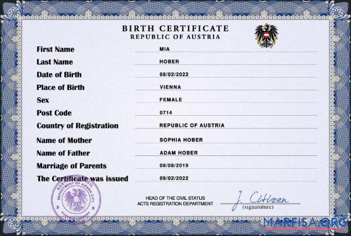 Downloadable Austria vital record birth certificate PSD template,